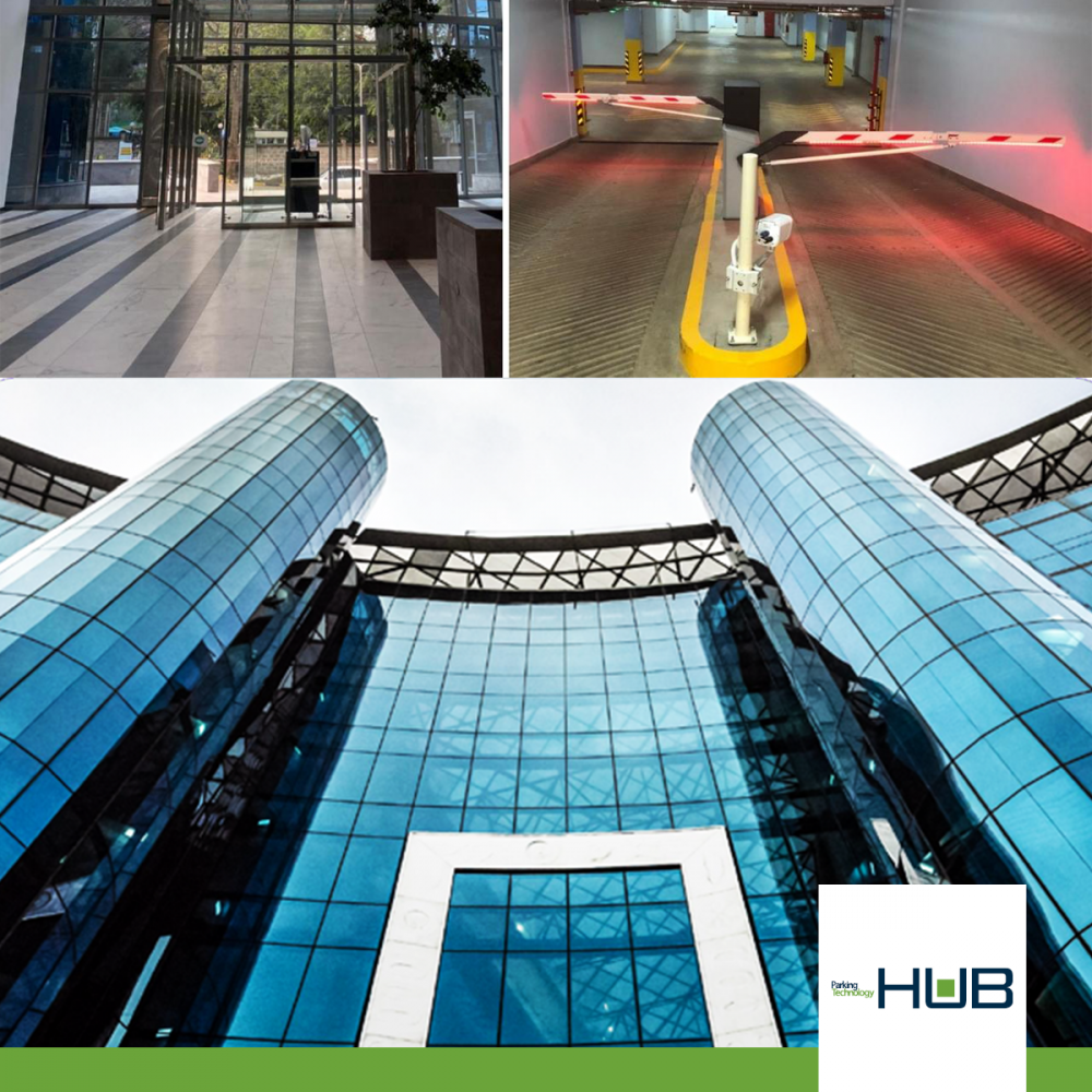 entrada a la nueva sede del banco I&M en Nairobi, Kenia; el aparcamiento tiene sistemas HUB