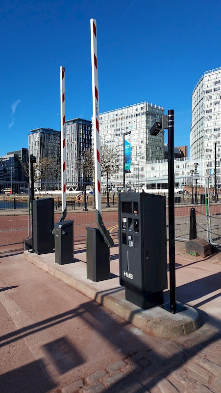 parking lanes at Albert Dock equipped with Jupiter stations and barriers