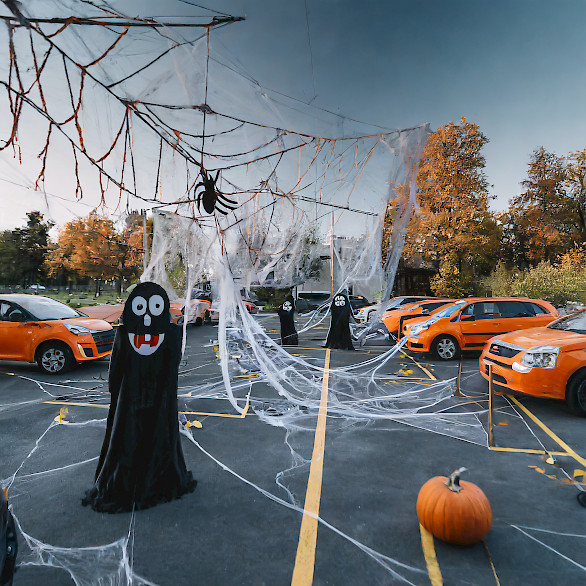 spooky parking lot with spider webs and pumpkins