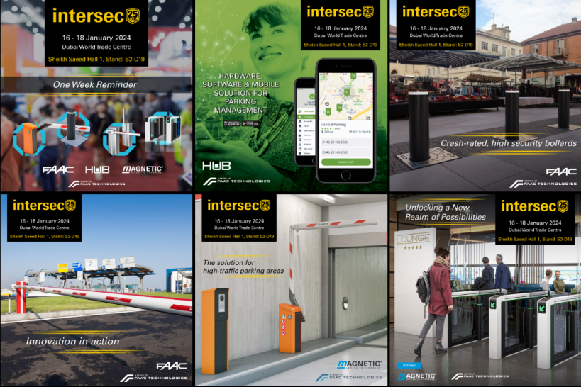 artwork grid displaying the compelling reasons why you should join HUB Parking and FAAC at Intersec Dubai